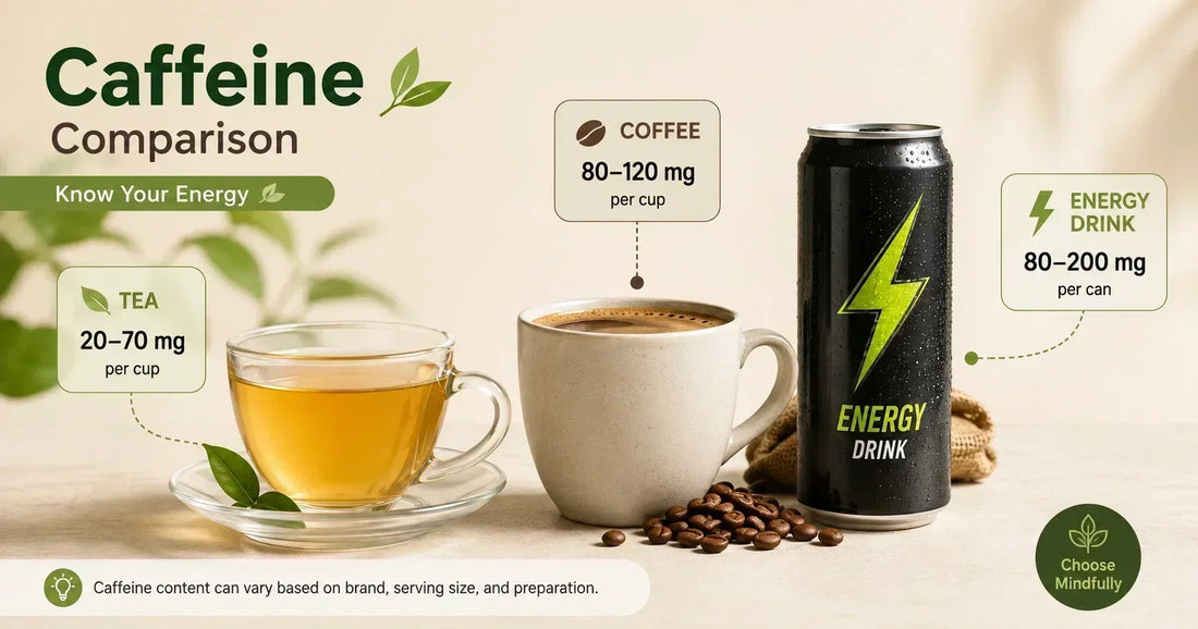 Tea, coffee, and energy drinks displayed with their caffeine levels for easy comparison.